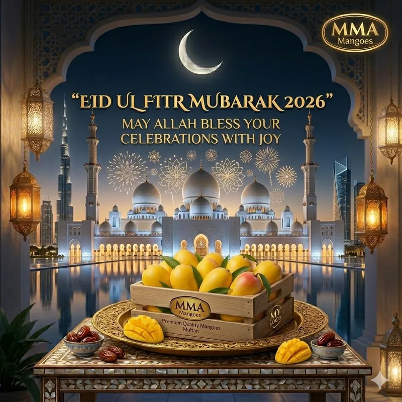 Eid ul Fitr 2026 MMA Mangoes premium gift box with fresh Pakistani mangoes