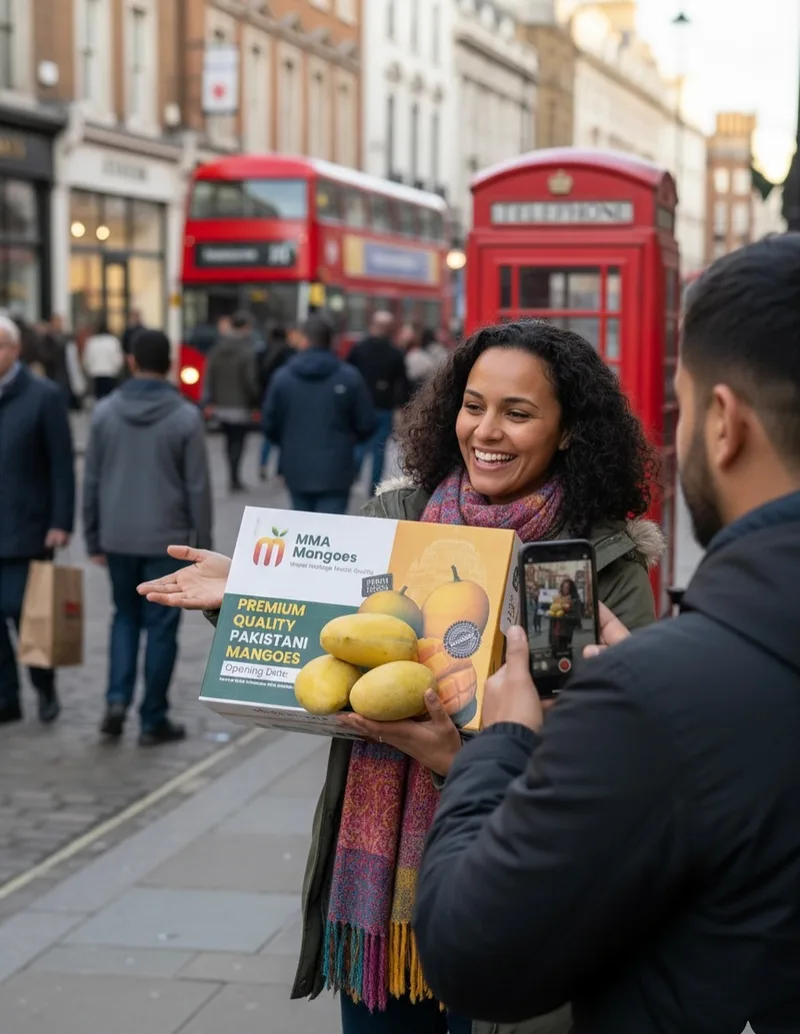 Happy customer receiving MMA Mangoes box in London UK - Pakistani mangoes international delivery